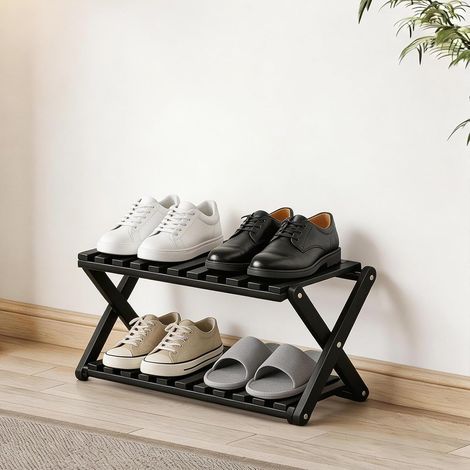 Étagère à chaussures pliable noire à 2 niveaux sans installation, organiseur de rangement en bambou robuste pour entrée, placard et petits espaces, support de rangement pour chaussures peu (1/5)
