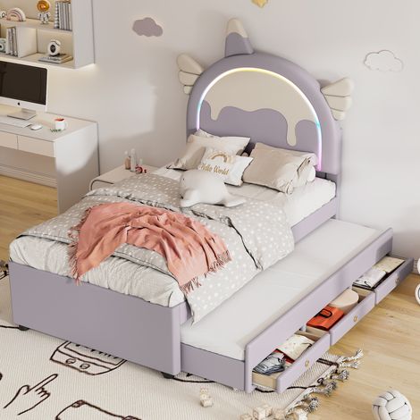 Lit enfant PU violet 90x200 cm avec lit gigogne coulissant, tête de lit licorne (1/5)