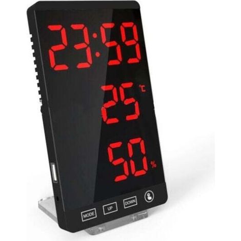 LED-Spiegeluhr, Thermometer und Hygrometer, elektronische Wetteruhr, Wecker, fette rote Schrift