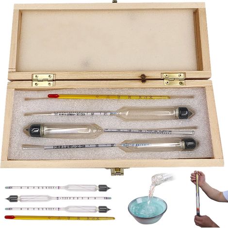 3-teiliges Alkohol-Hydrometer, 0–100, genaues, abgestuftes Alkoholmessgerät, Proof-Alkoholtester mit Thermometer und Holzbox, Hydrometer für Wein, Bier, Apfelwein, Proof, Destillation, Hydrometer
