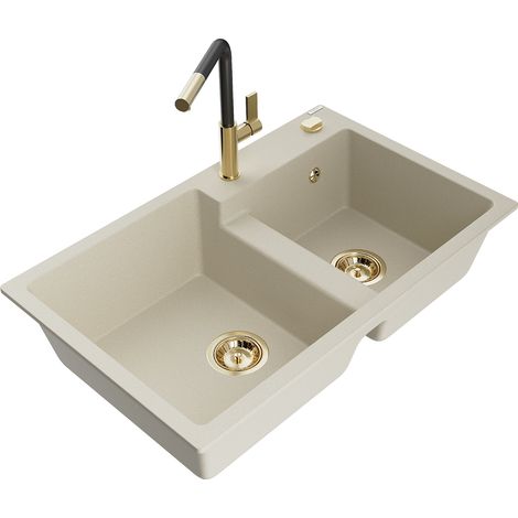 Mexen Tomas 2-Becken-Granitspüle mit Mischbatterie Flora, Beige - 6516-69-670401-57-G (1/5)