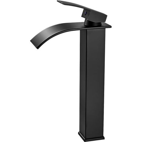 Schwarze Wasserfall-Waschtischarmatur, moderne schwarze Hochwasser-Waschtischarmatur, Waschtischmischer, quadratische Messingarmatur (1/5)