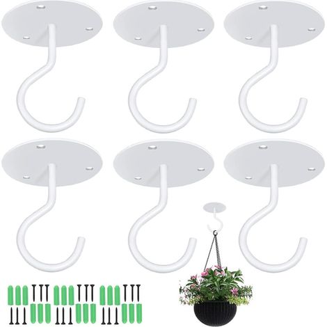 Lot de 6 crochets muraux/plafond, supports métalliques pour plantes, crochets de suspension robustes avec vis pour suspendre pots de fleurs, lanternes, carillons éoliens, blanc (1/5)