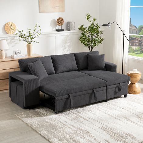 Canapé d'angle convertible 3 places en L, canapé-lit avec ports USB, coussins inclus, étagères latérales et rangement intégré, tissu confortable. (1/5)