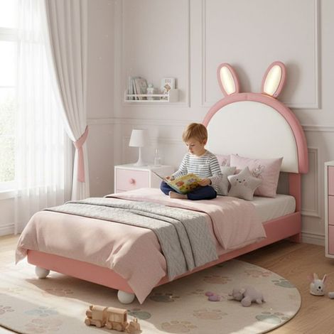 Lit - Lit simple 90x200cm - Tête de lit forme lapin - LED intégrée - PU rose/blanc