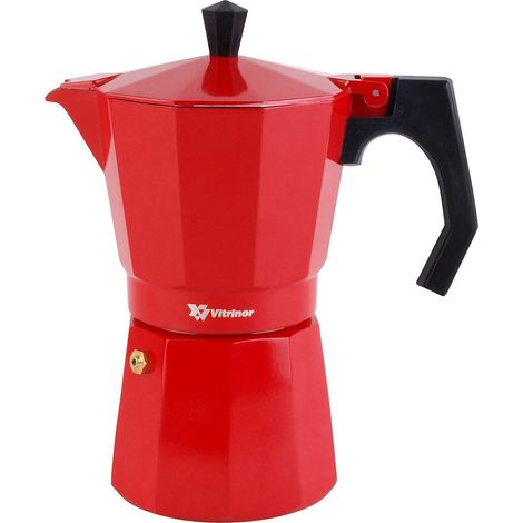 Cafetière italienne, 9 tasses, tous feux dont INDUCTION, fonte d'aluminium, extérieur ROUGE, vlave de sécurité et joint en silicone (1/4)