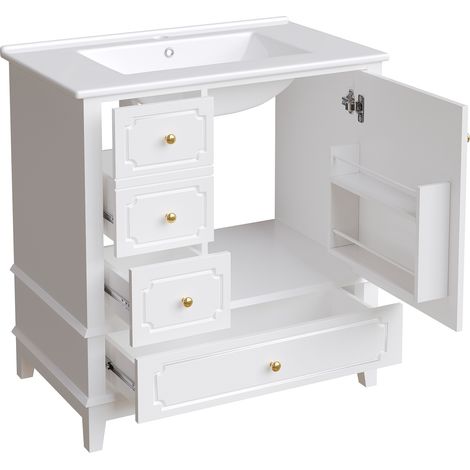 Mobile bagno lavabo in ceramica 76,5 cm bianco con cassetti e maniglia oro MODENUIT (1/5)