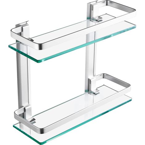 Étagère Salle de Bain Tablette Verre Trempé 8mm Etagere Douche Murale Aluminium Argent, A4126B (1/5)
