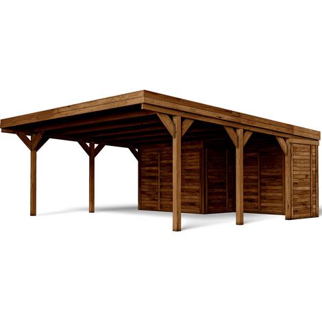 FOREST STYLE - Cochera Doble León con Anexo 39 m² (8,06 x 4,82 x 2,57 m) – Madera de Pino Tratada – Techo de Policarbonato – Aparcamiento Cubierto con Espacio de Almacenaje – Estructura Robusta y Dura