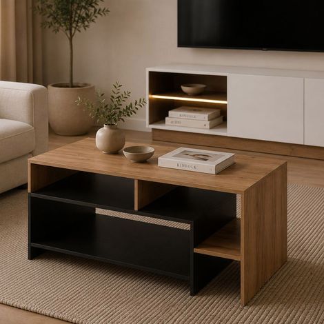 Mesa de Centro Karaseso, 3 Compartimentos, Forma Rectangular, Color Marrón, 120x60x53h cm Roble Marrón (1/3)