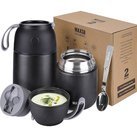 Thermobehälter Edelstahl 500ml 700ml Warmhaltebehälter faltbare Löffel Schwarz (1/5)