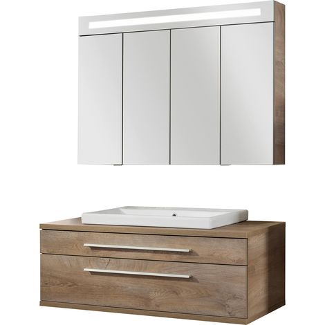 FACKELMANN STANFORD 3-teiliges Badmöbel Set 110cm Braun Keramik mit LED-Schrank"-"90332145 (1/4)
