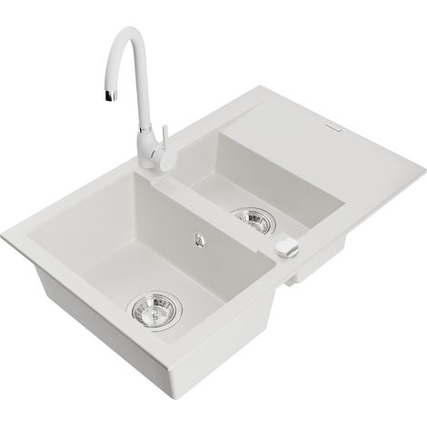 Mexen Gaspar évier en granit 1,5 bac avec égouttoir et mitigeur Telma, blanc - 6507-20-670200-20