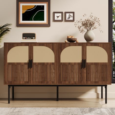 Buffet en MDF coloris naturel effet noyer et rotin, 140 x 40 x 80 cm, 4 portes, charnières amorties (1/5)