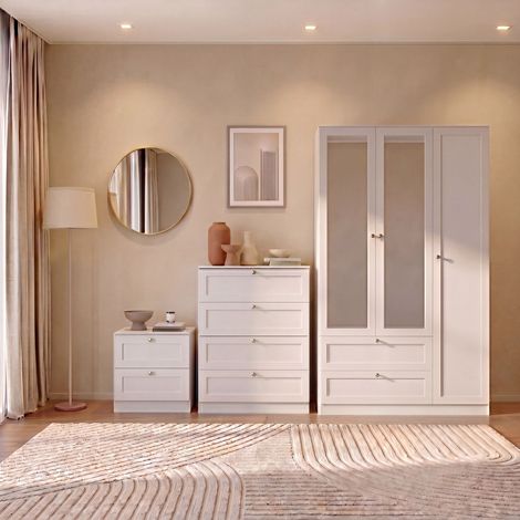 Altino 3 Piece Bedroom Set with 2 Drawer Bedside, 4 Drawer Chest, 3 Door 2 Drawer Wardrobe, White