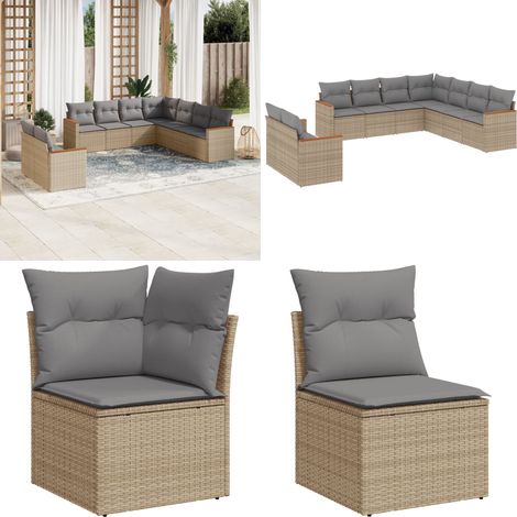 9-tlg. Garten-Sofagarnitur mit Kissen Beige Poly Rattan - Gartensortiment - Esszimmergarnitur - Lounge Set - Outdoor Furniture - Gartenmöbelset - Home & Living (1/5)