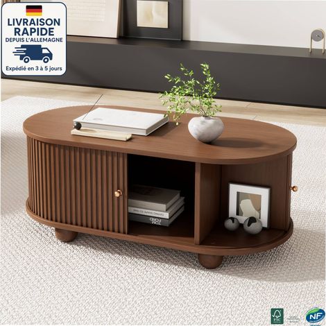 MODFU - Table basse ovale marron avec rangement 100cm, table d'appoint de salon ou de chambre avec porte coulissante, MDF, 100×50×40cm (1/5)
