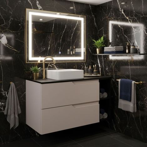 Meuble de salle de bain suspendu 100 cm, beige et noir, plan de toilette, 2 tiroirs et étagère latérale, sans vasque – MODERN