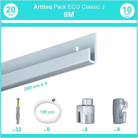 Pack complet 8 mètres cimaise Classic J couleur Aluminium - Suspension et déplacement facile de cadres et tableaux (1/5)