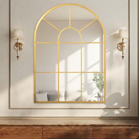 Gold Tone Arched Grid Mirror 90x61cm - Elegant Home Decor for Modern Interiors