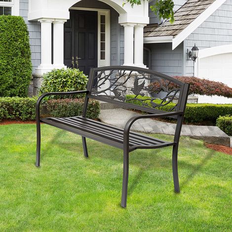 Banc de jardin trois places, style rustique chic, pour balcon, terrasse ou patio, 127 x 60 x 85 cm, métal résistant à la corrosion, revêtement époxy, marron (1/5)