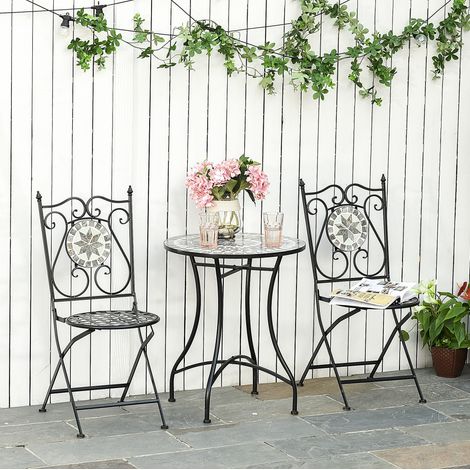 Ensemble de bistrot en métal 2 places gris avec table mosaïque et chaises pliantes (1/5)