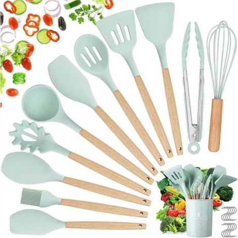 Ustensiles Cuisine Silicone Bois - 22 Pièces Antiadhésif Sans BPA - Résistant Chaleur Jusqu'à 230°C - Kit Complet avec Seau Rangement - Vert (1/5)