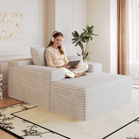 Neche Canapé lit au sol en velours côtelé,Sans structure rigide,Canapé de lecture compressé pour salon,159x115x59cm,Blanc (1/5)