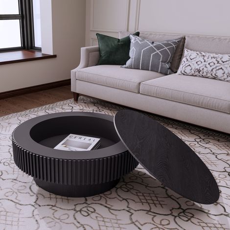 AS EASY 75cm Round Coffee Table with Storage Solid Wood Veneered Modern Coffee Table Accent Tea Table for Living Room, Bedroom, Apartment or Office, Black (1/5)