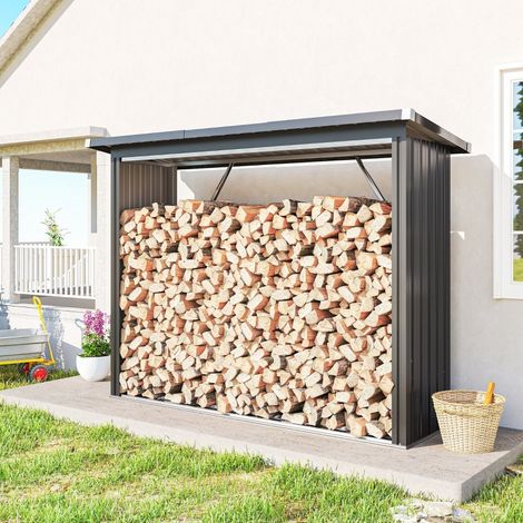Abri à bois extérieur en acier, toit incliné, plancher surélevé, 213 x 66,5 x 150 cm, gris foncé (1/5)
