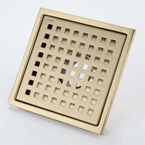 Caniveau de Douche Or Acier Inoxydable Carré 15x15cm Drain de Douche Siphon de Sol Drain de Plancher avec Couvercle de Siphon de Sol, Noyau DéSodorisant en Laiton,Brushed Gold (1/4)