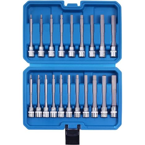 Set of 20 adjustable stainless steel wrenches, extra long hex bits, premium SAE and metric accessories with 3/8" case adapter for mechanics. (1/5)
