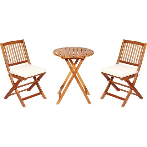 COSTWAY Set Tavolo e Sedie da Giardino, Set Mobili da Giardino Pieghevoli 3 Pezzi in Legno di Acacia, con Cuscini, Arredo Giardino per Giardino Terrazzo Balcone (Cuscini Beige) (1/5)