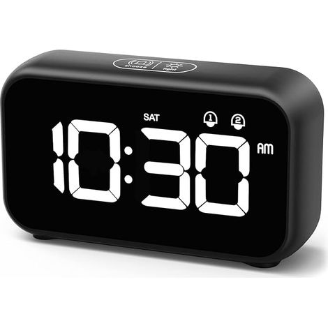 Sveglia digitale a LED con funzione snooze, 2 allarmi, ricaricabile tramite USB, 12/24 ore, ideale per camera da letto e ufficio. (1/5)