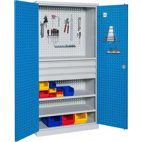 Armoire d'atelier perforée - 3 tiroirs et 2 étagères - Bleue et grise - W030080004-GCBI (1/3)
