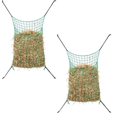 Filets à foin, lot de 2, distributeurs slow feeder rectangulaires 0,9 x 1,5 m, mailles 45 mm, résistants aux intempéries, pour chevaux et poneys, vert (1/5)