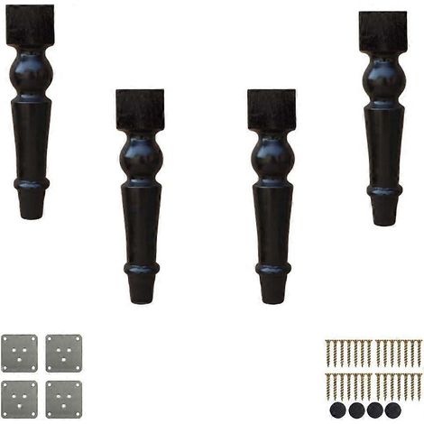 4x Massivholz-Möbelbeine, quadratisch, kugelförmig, runde Ersatzfüße für Sofas, inklusive Montageplatte und Schrauben, Gummiholz, für Schränke – 20 cm – Schwarz