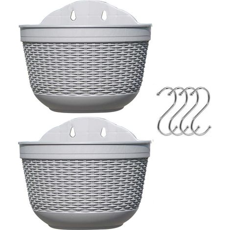 Lot de 2 pots de fleurs à suspendre en plastique avec drainage et 4 crochets (gris + gris) (1/5)