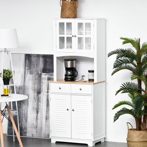 Credenza Alta per Cucina, Mobile Buffet in Legno Bianco, Armadio Dispensa in Stile Classico, Bianco, 68x39.5x170cm