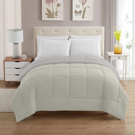 Trapunta Invernale Piumino Tinta Unita Double Face Caldo Piumone Bicolore Imbottitura Coperta Anallergica Traspirante Panna-Tortora - Matrimoniale (1/2)