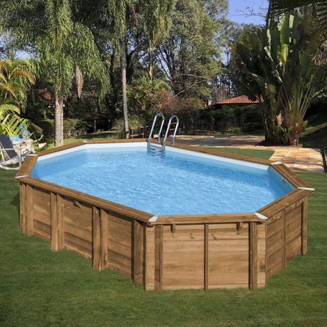 GRE – Piscine hors sol bois octogonale 6,20 x 3,95 x 1,36 m – Structure en pin sylvestre 46 mm – Filtration à sable 8 m³/h incluse