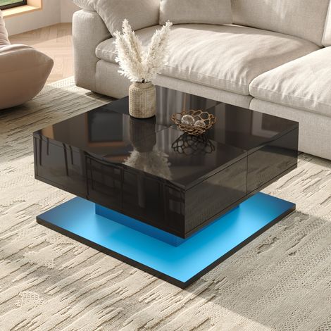Couchtisch höhenverstellbar 72x72x35 cm wohnzimmertisch mit app led beleuchtung stauraum schubladen modern hochglanz mdf - schwarz (1/5)