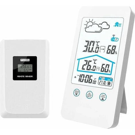 Station météo sans fil, thermomètre, hygromètre, baromètre et horloge numériques d'intérieur avec capteur extérieur (blanc ) (1/5)