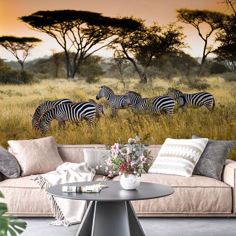 Papier peint panoramique - Zèbres Savane - 130 cm x 87 cm (1/4)
