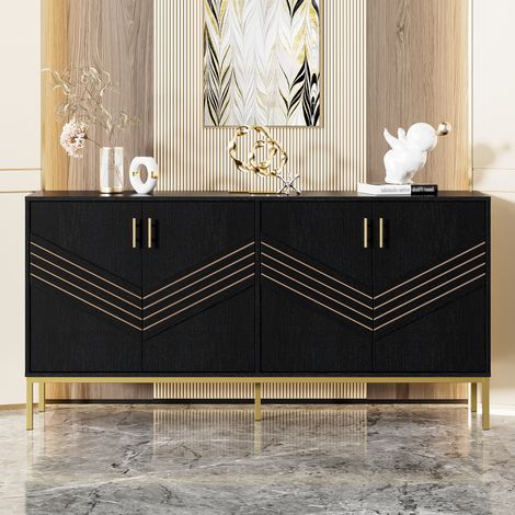 Credenza in MDF nero effetto legno 160x40x80,5 cm, 4 ante, 2 ripiani regolabili, gambe e maniglie in metallo