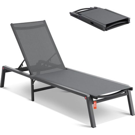 Chaise longue extérieure en aluminium – Transat pliable inclinable à plat, pour patio, piscine et plage, gris foncé (1/5)