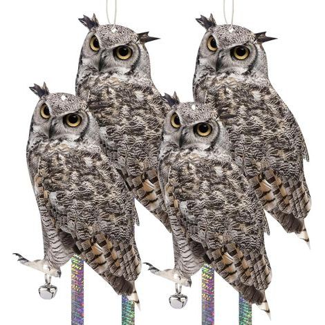 Set of 4 Owl Bird Deterrents, Reflective Strips, Ropes, Bells, for Garden, Balcony, and Terrace (1/5)