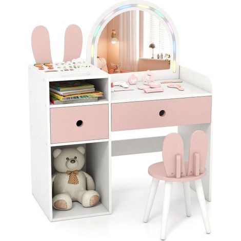Kids Vanity Table With Lighted Mirror, Shelves, Chair (1/5)