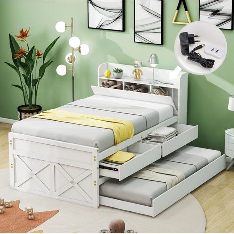 Cama individual de madera maciza blanca 90x190 cm con somier de láminas, cajones y cabecero con USB (1/5)