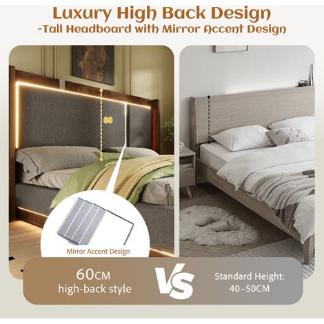 Lit 1 personne gris 90 x 200 cm en lin et bois avec sommier à lattes, LED et coffre hydraulique pour chambre et studio (1/5)